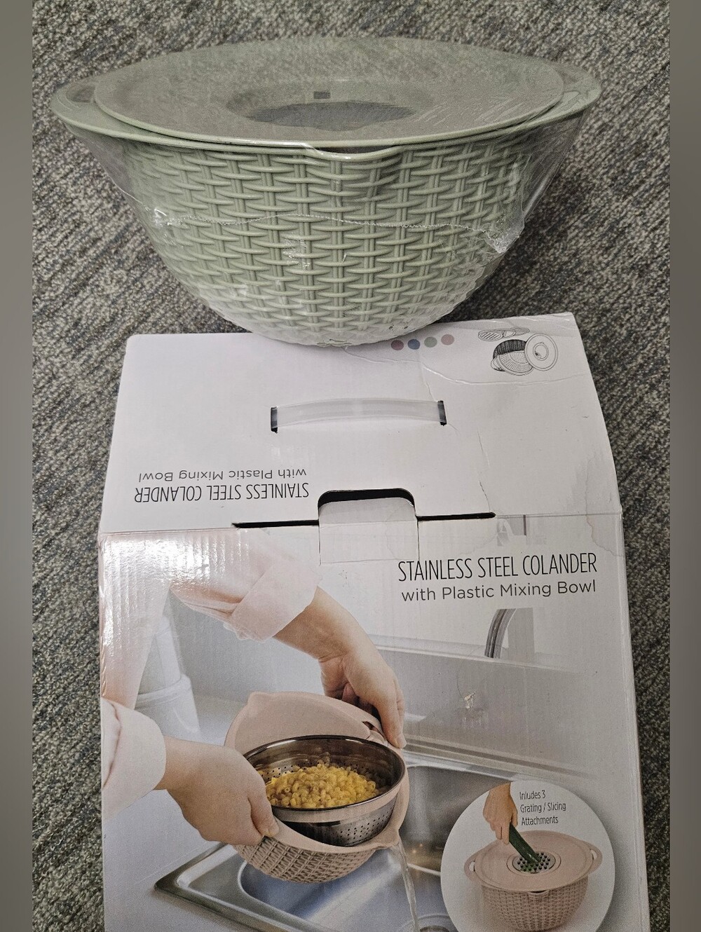 Stainless Steel Colander with Mint Green Plastic Mixing Bowl
